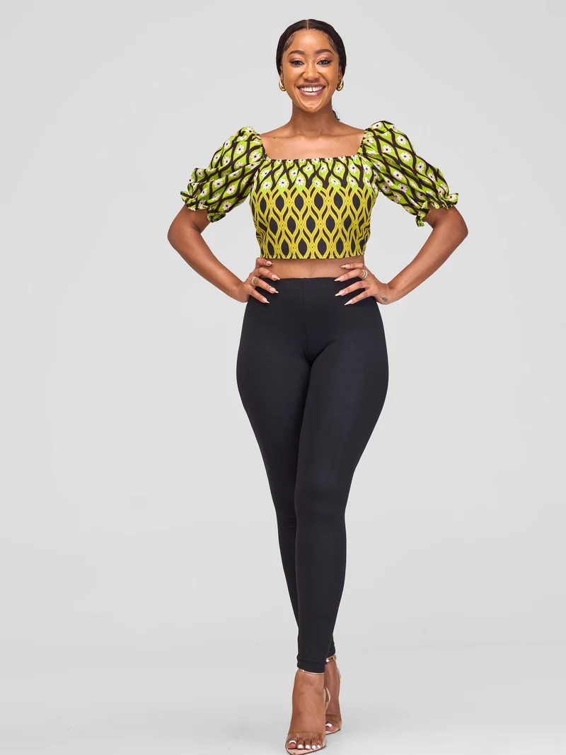 Safari Anga Puffy Short Sleeve Tie Top - Lime Green / Black Ankara Print