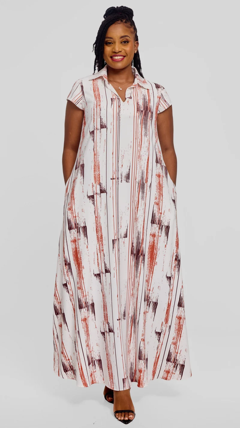 Vivo Zuri Cap Sleeve Maxi Dress in Crepe - Dark Brown / Rust Siolo Print