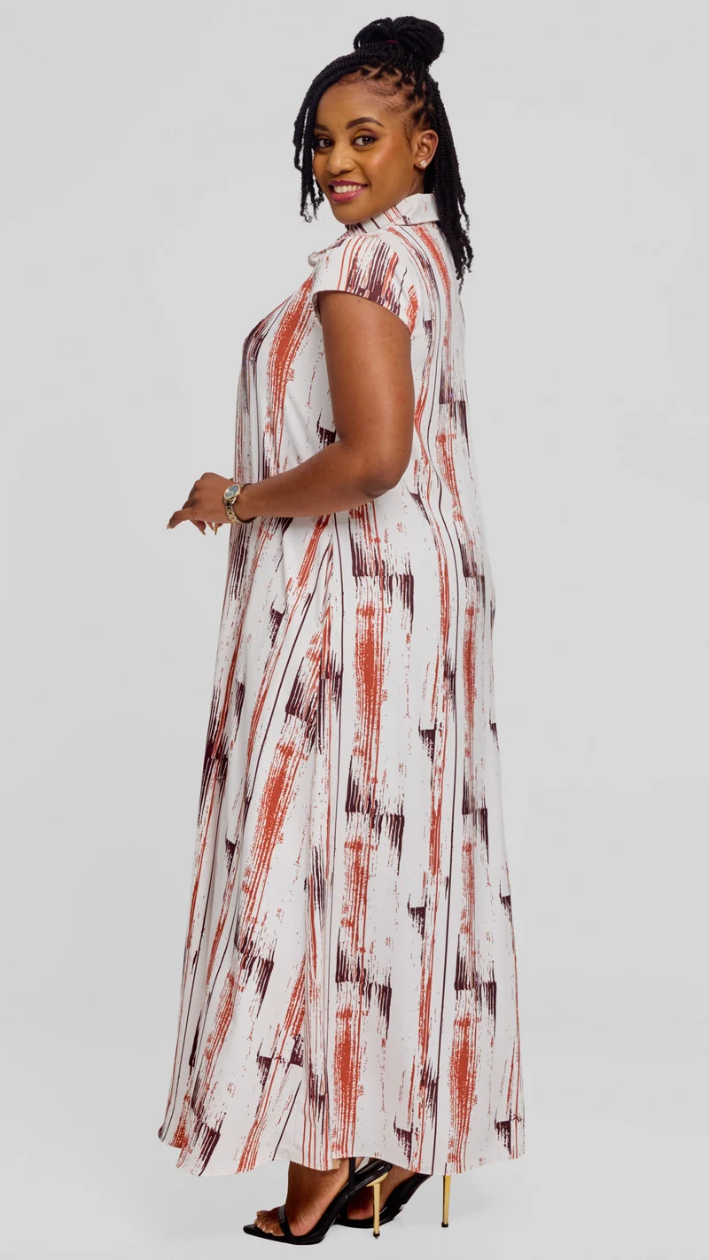 Vivo Zuri Cap Sleeve Maxi Dress in Crepe - Dark Brown / Rust Siolo Print