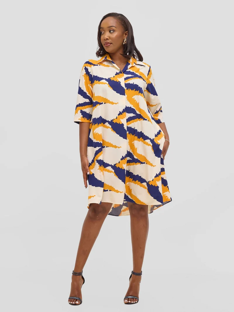 Vivo Reba Hi Low Dress - Yellow / Navy Print