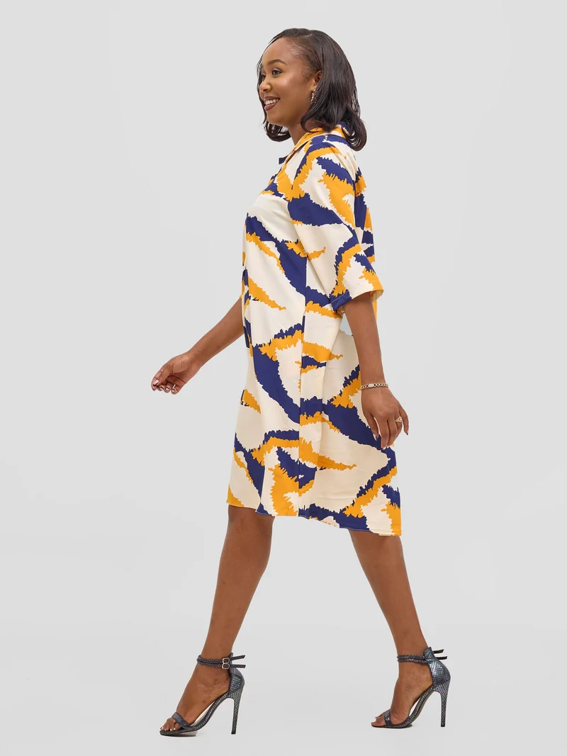 Vivo Reba Hi Low Dress - Yellow / Navy Print