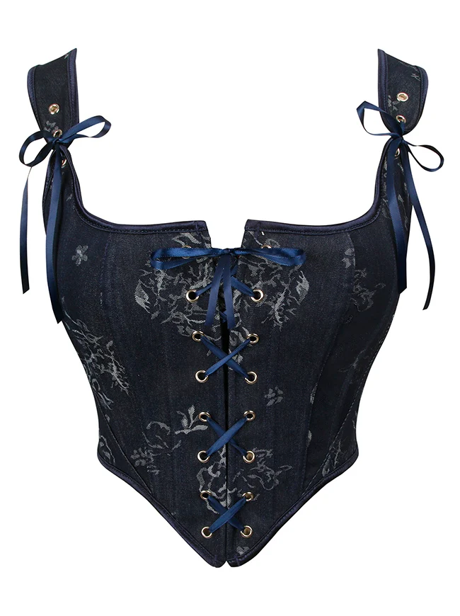 Vintage Renaissance Denim Floral Kurze Cropped Korsett Weste mit Schnürung