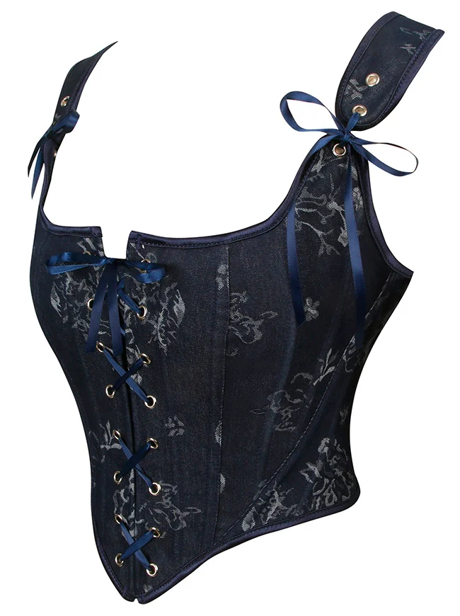 Vintage Renaissance Denim Floral Kurze Cropped Korsett Weste mit Schnürung