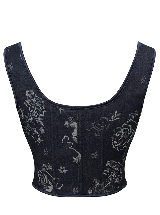 Vintage Renaissance Denim Floral Kurze Cropped Korsett Weste mit Schnürung