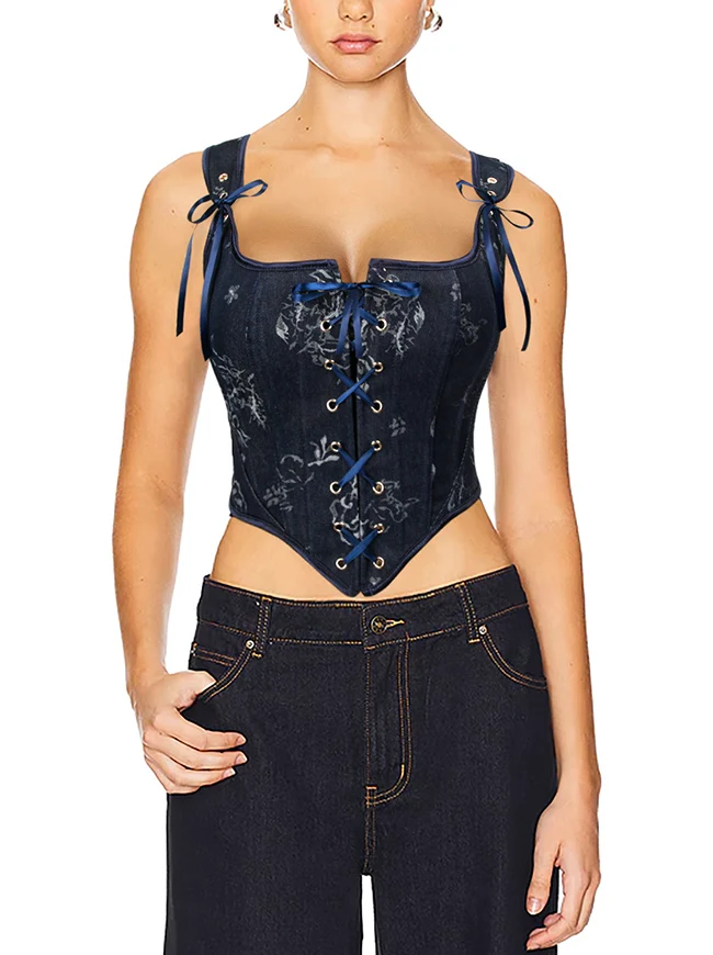 Vintage Renaissance Denim Floral Kurze Cropped Korsett Weste mit Schnürung