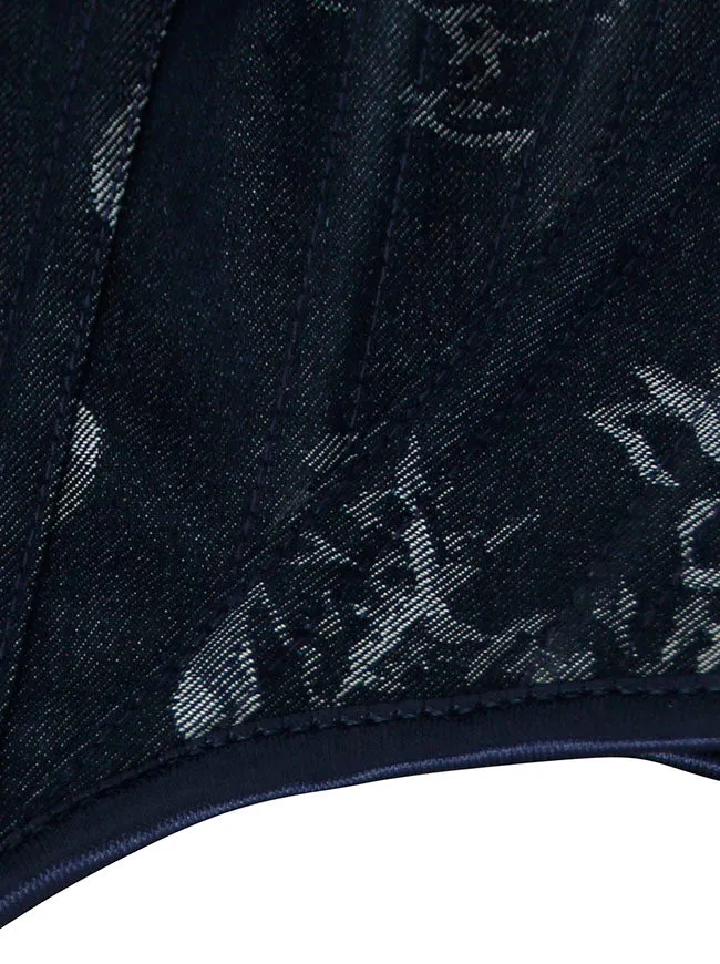 Vintage Renaissance Denim Floral Kurze Cropped Korsett Weste mit Schnürung