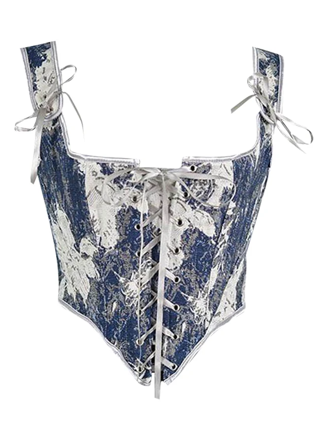 Vintage Renaissance Denim Floral Kurze Cropped Korsett Weste mit Schnürung