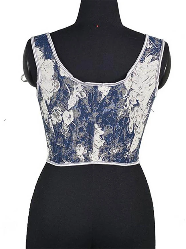 Vintage Renaissance Denim Floral Kurze Cropped Korsett Weste mit Schnürung