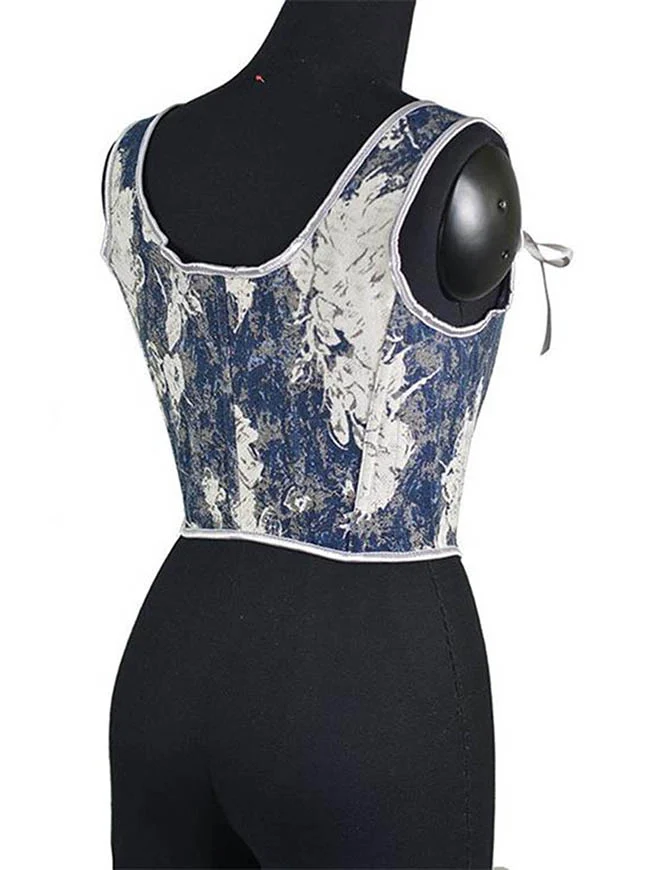 Vintage Renaissance Denim Floral Kurze Cropped Korsett Weste mit Schnürung