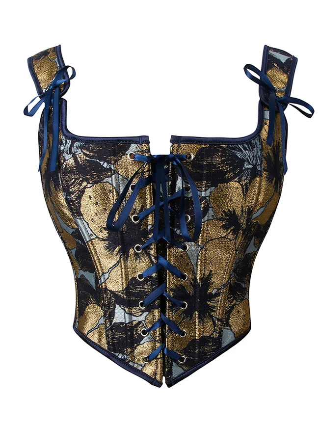 Charmian Damen Vintage Gold Blumendruck U-Ausschnitt Vorne Binden Überbrust Bustier Mieder Korsett