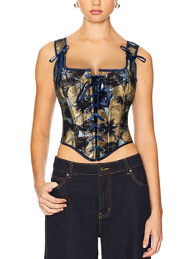 Charmian Damen Vintage Gold Blumendruck U-Ausschnitt Vorne Binden Überbrust Bustier Mieder Korsett