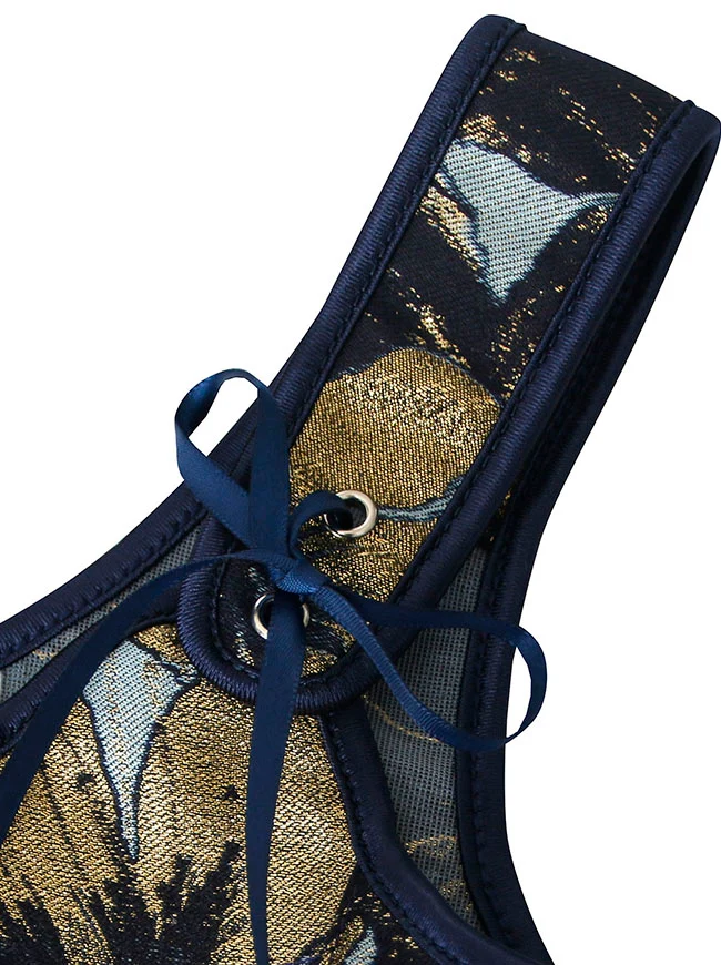 Charmian Damen Vintage Gold Blumendruck U-Ausschnitt Vorne Binden Überbrust Bustier Mieder Korsett