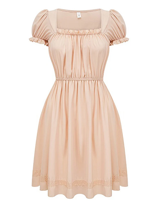 Elegantes, lässiges A-Linien-Midikleid mit eckigem Ausschnitt, Puffärmeln und Spitzenbesatz