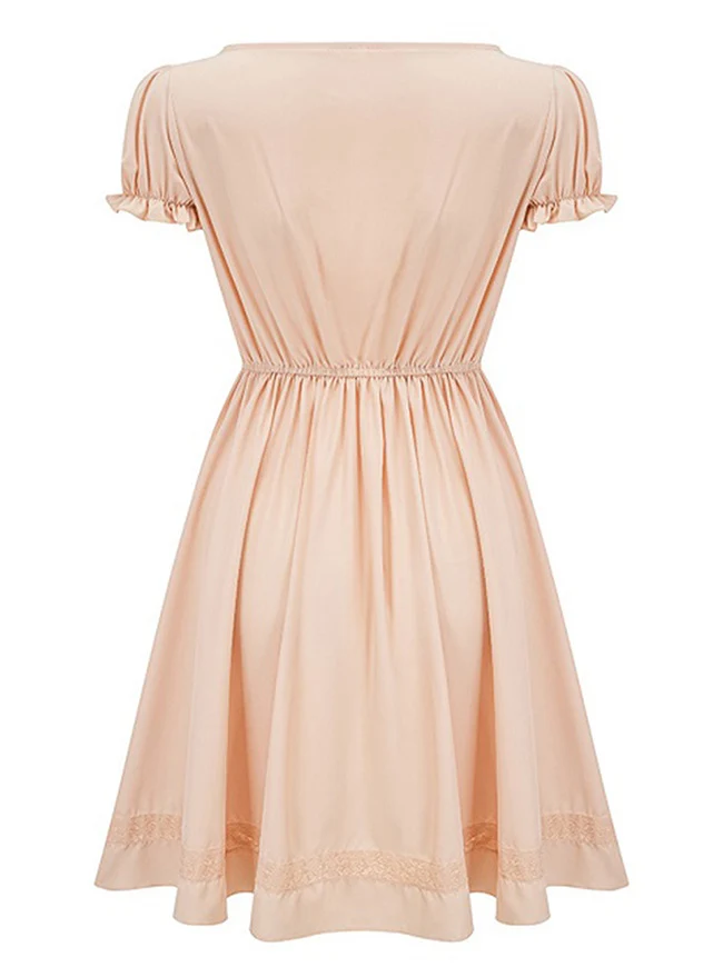 Elegantes, lässiges A-Linien-Midikleid mit eckigem Ausschnitt, Puffärmeln und Spitzenbesatz