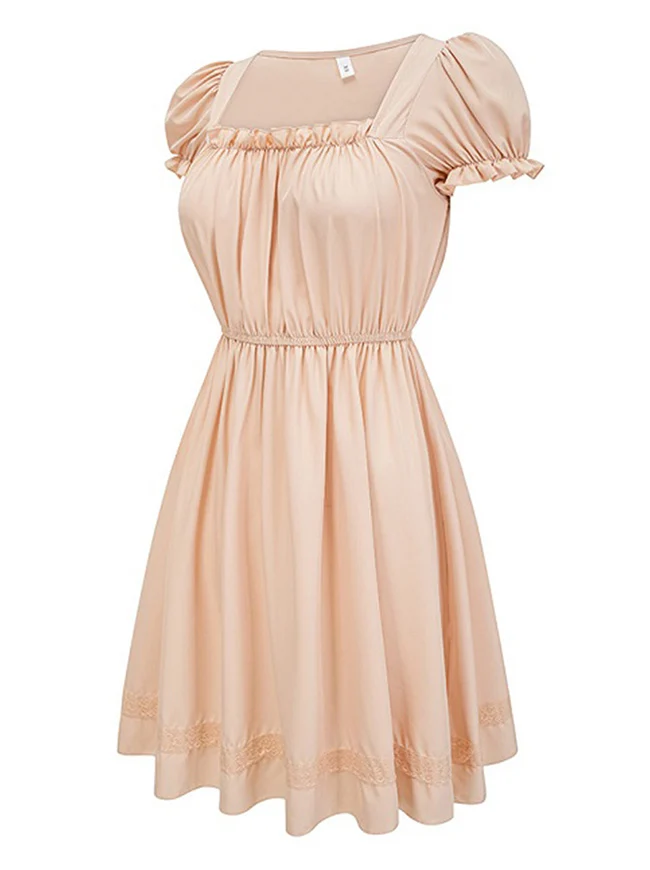 Elegantes, lässiges A-Linien-Midikleid mit eckigem Ausschnitt, Puffärmeln und Spitzenbesatz