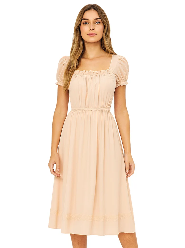 Elegantes, lässiges A-Linien-Midikleid mit eckigem Ausschnitt, Puffärmeln und Spitzenbesatz