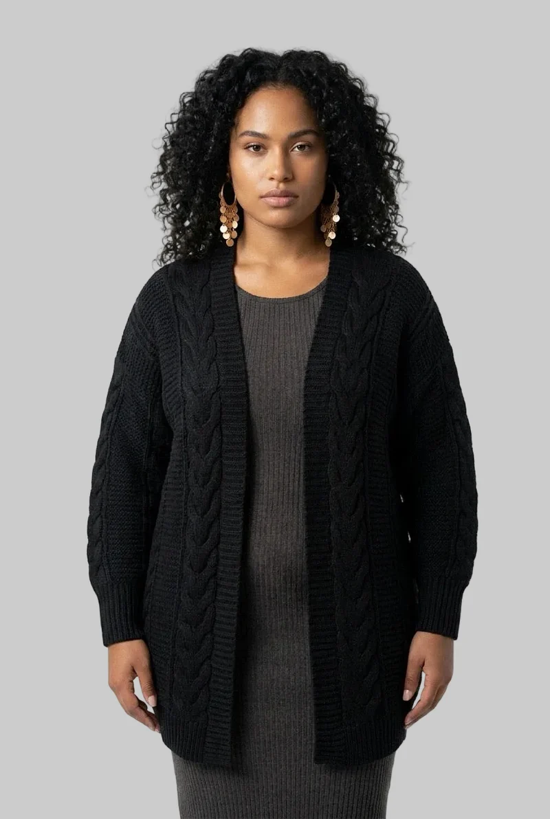 Stylish Sisters Cable-Knit Open-Front Longline Cardigan Sweater - Black