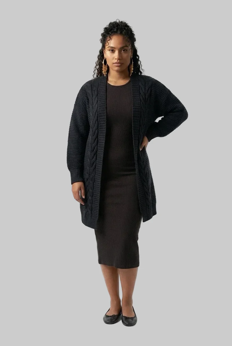 Stylish Sisters Cable-Knit Open-Front Longline Cardigan Sweater - Black