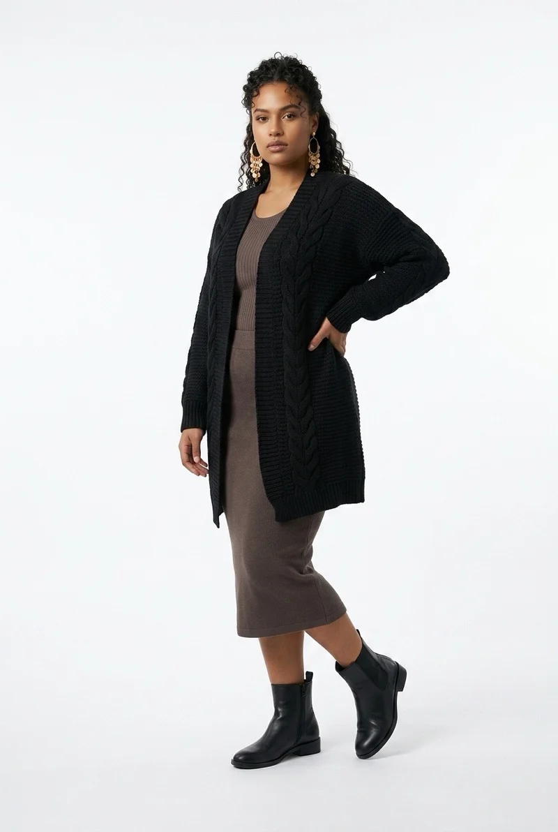 Stylish Sisters Cable-Knit Open-Front Longline Cardigan Sweater - Black
