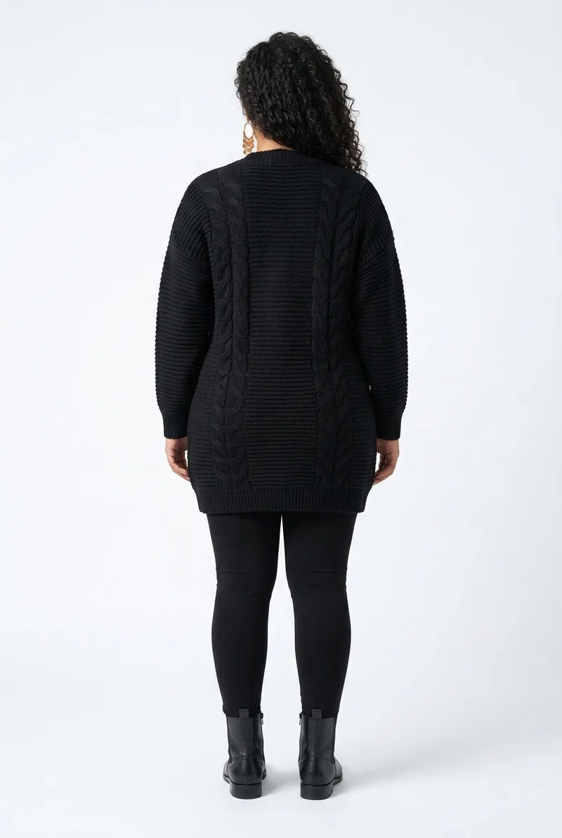 Stylish Sisters Cable-Knit Open-Front Longline Cardigan Sweater - Black