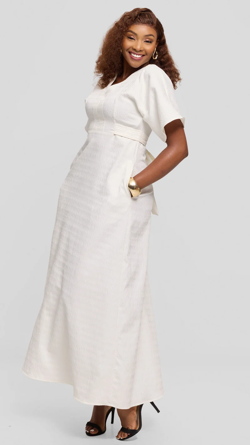 Vivo Tie Waist Kimono Maxi Dress in Textured Crepe - White
