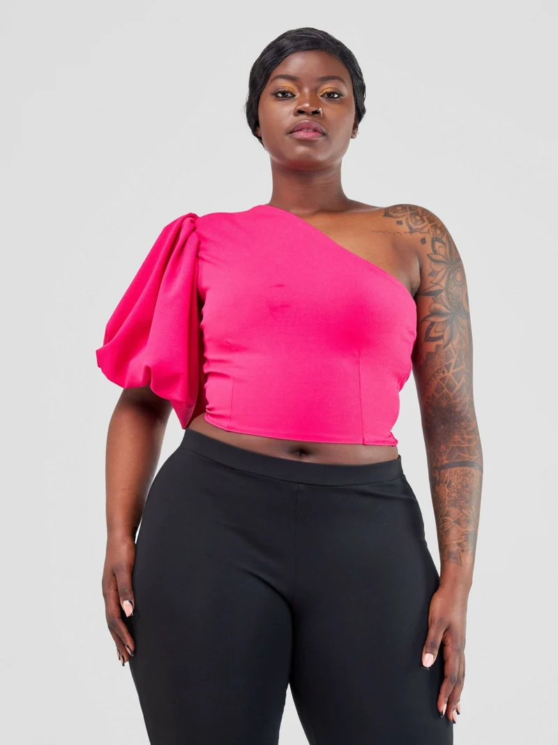 Chic Clique One Hand Ruffle Sleeve Top - Pink