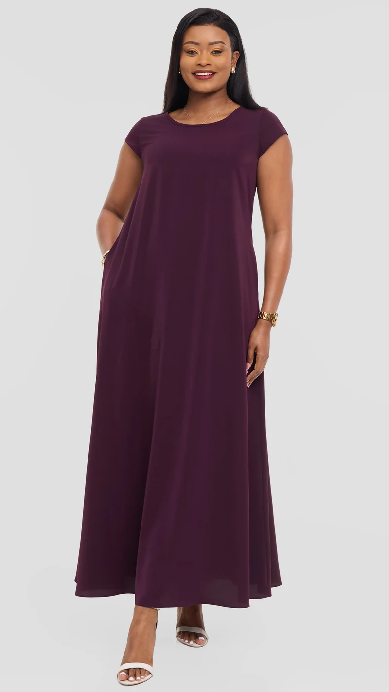 Vivo Basic Round Neck Maxi Dress in Crepe - Mulberry