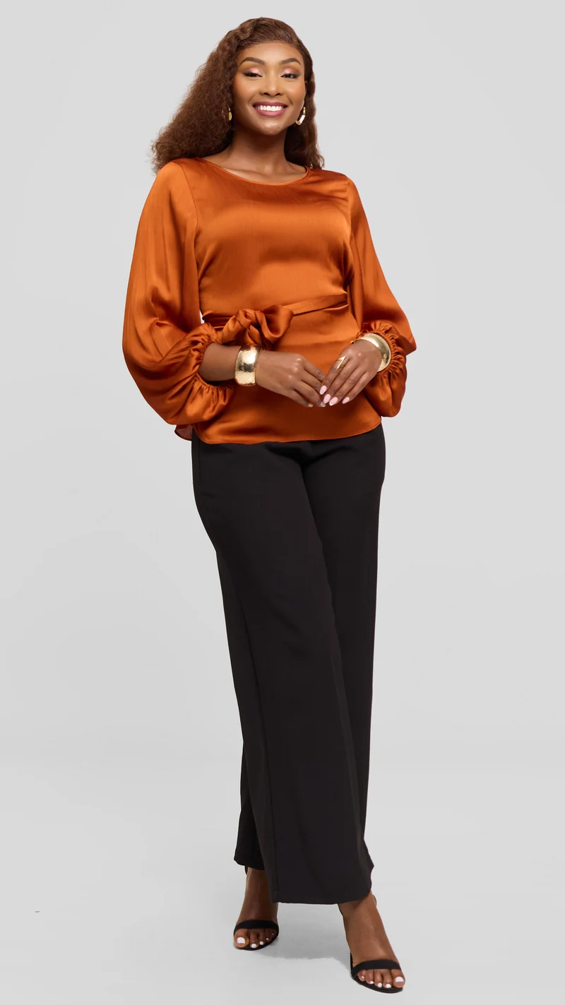 Vivo Izzy Bishop Sleeve Top in Textured Satin - Rust