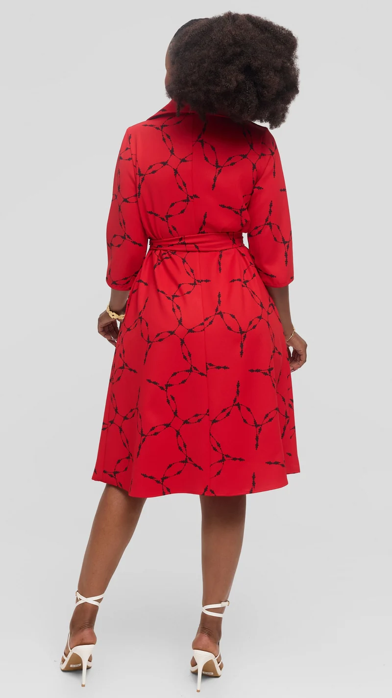 Vivo Zuri 3/4 Sleeve Knee Length Dress in Crepe - Red / Black Shina Print