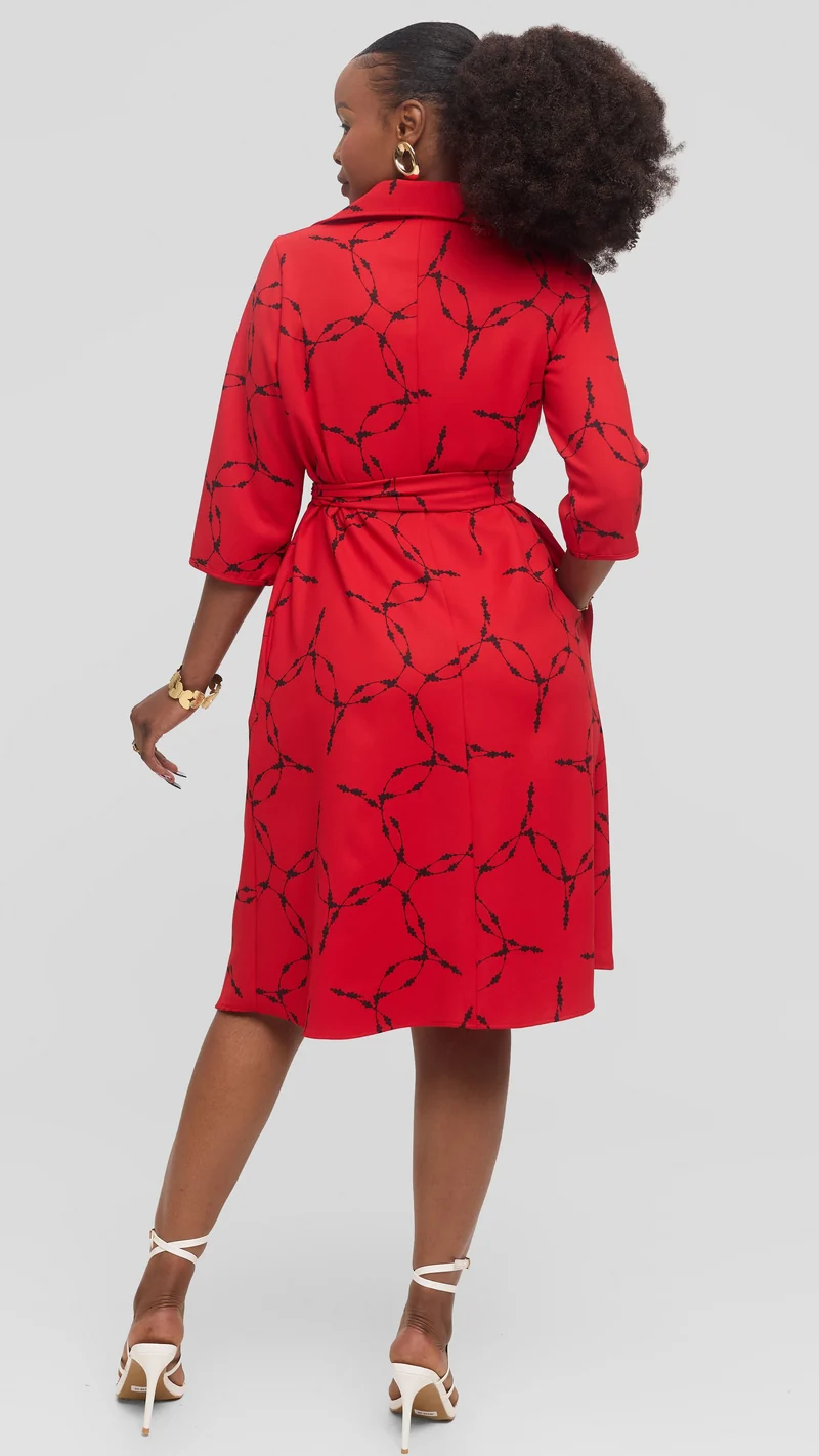 Vivo Zuri 3/4 Sleeve Knee Length Dress in Crepe - Red / Black Shina Print