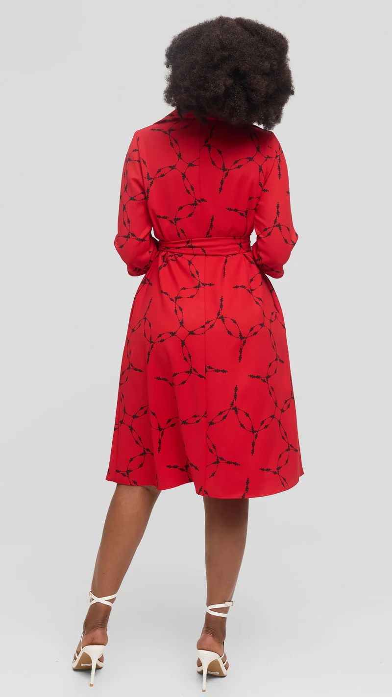 Vivo Zuri 3/4 Sleeve Knee Length Dress in Crepe - Red / Black Shina Print