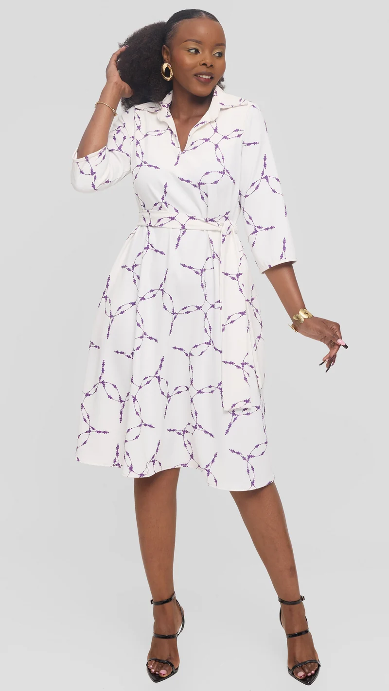 Vivo Zuri 3/4 Sleeve Knee Length Dress in Crepe - White / Purple Shina Print