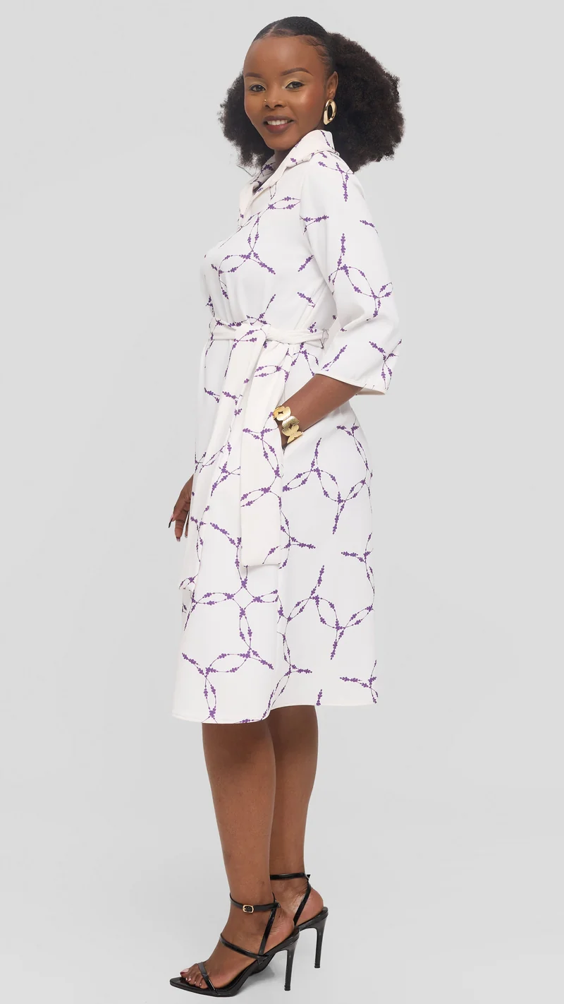 Vivo Zuri 3/4 Sleeve Knee Length Dress in Crepe - White / Purple Shina Print