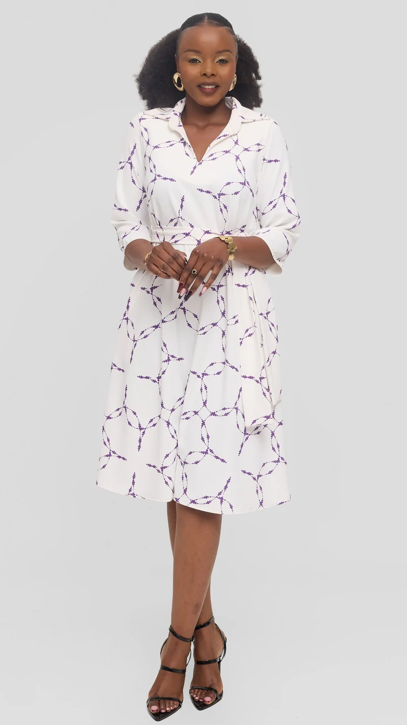 Vivo Zuri 3/4 Sleeve Knee Length Dress in Crepe - White / Purple Shina Print