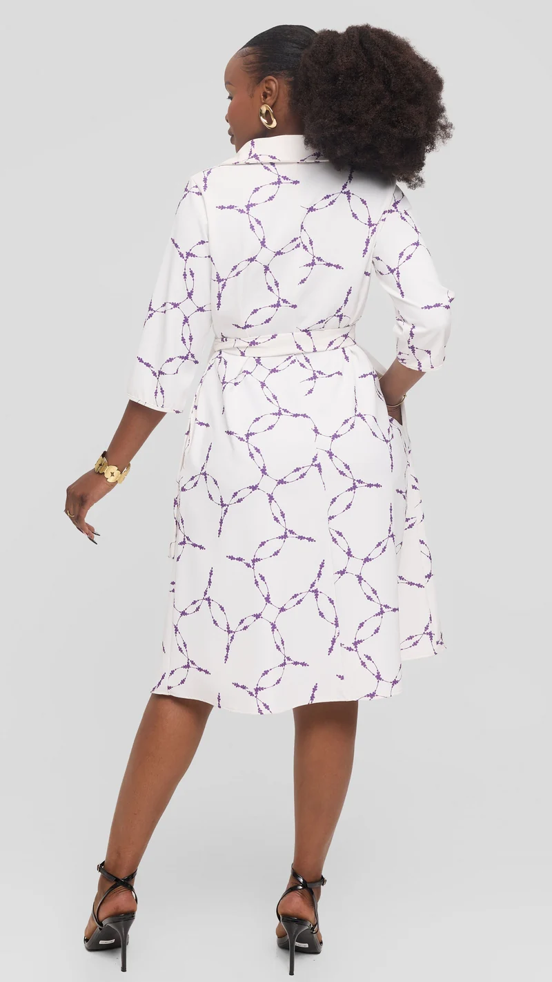 Vivo Zuri 3/4 Sleeve Knee Length Dress in Crepe - White / Purple Shina Print