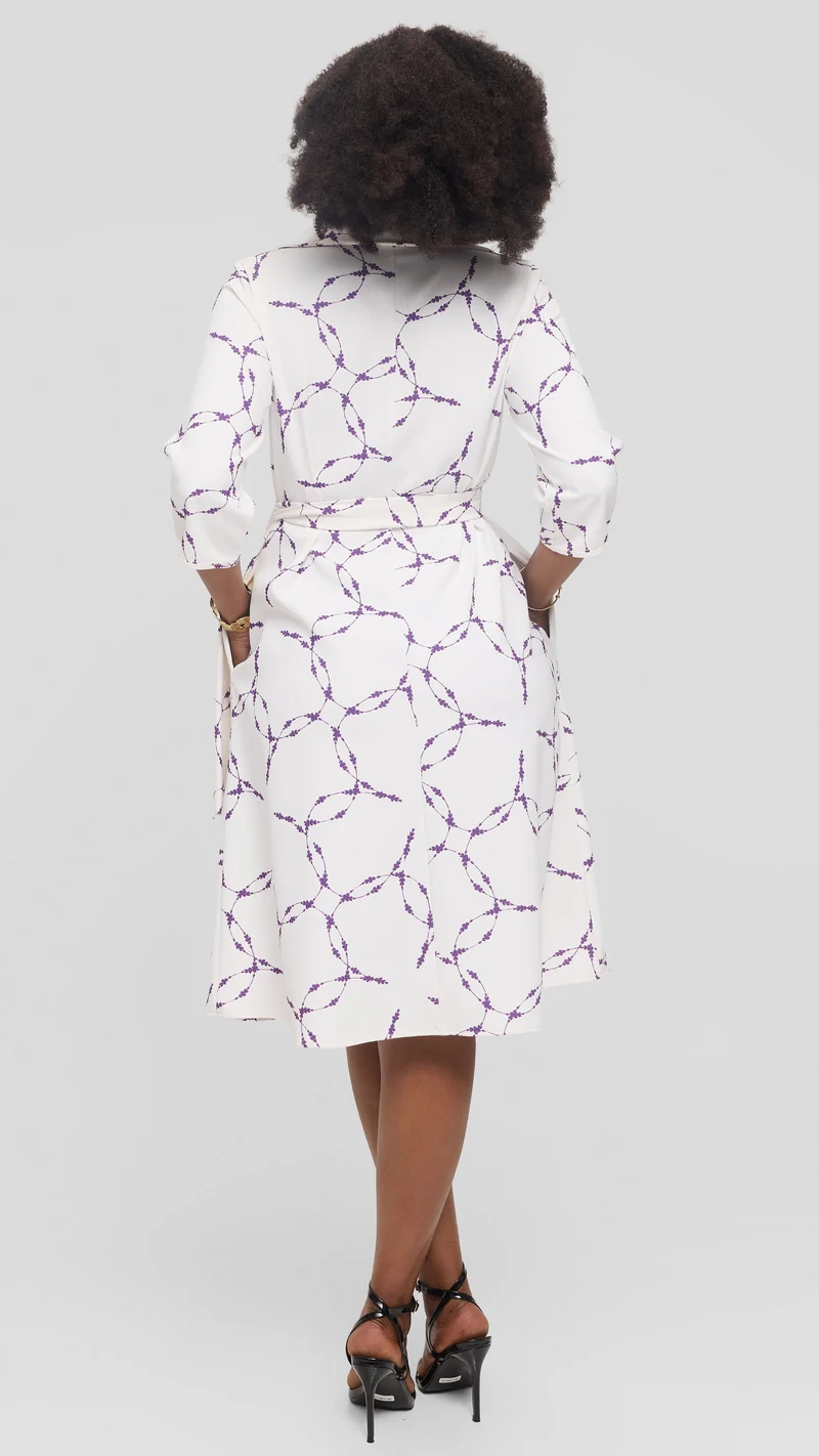 Vivo Zuri 3/4 Sleeve Knee Length Dress in Crepe - White / Purple Shina Print