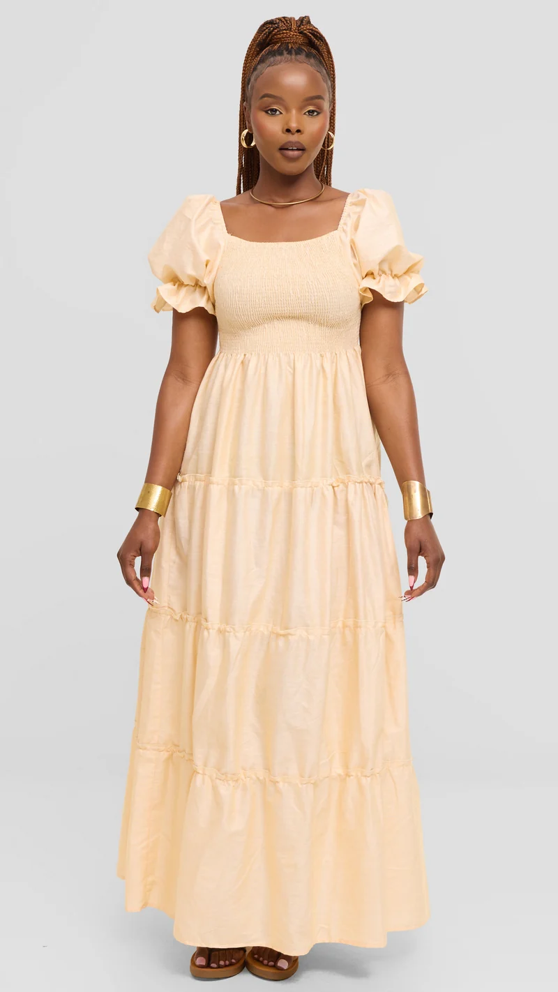 Safari by Vivo Shirred Top Maxi Dress in Kikoy Blend - Cream