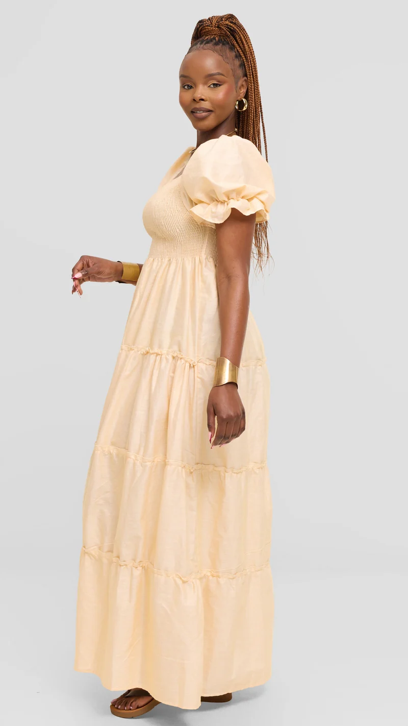 Safari by Vivo Shirred Top Maxi Dress in Kikoy Blend - Cream