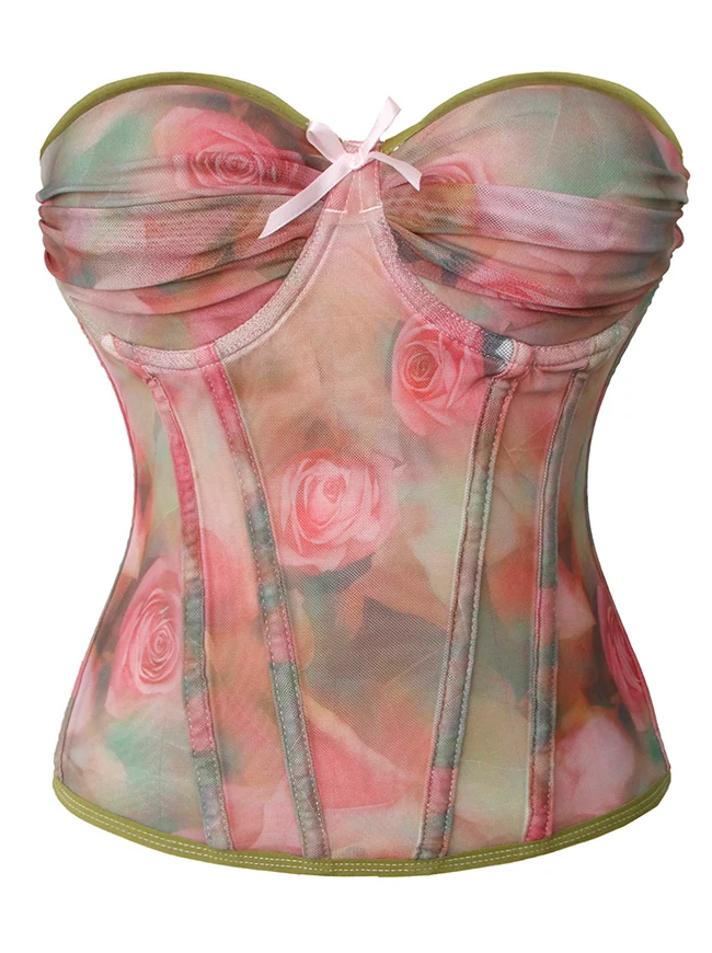 Vintage-Korsett-Top mit romantischem Blumenmuster, Mesh-Einsätzen, formgebend, mit Stäbchen verstärkt und Push-up-Effekt