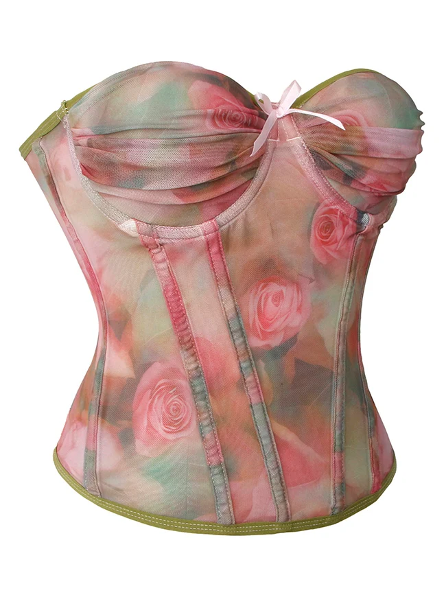 Vintage-Korsett-Top mit romantischem Blumenmuster, Mesh-Einsätzen, formgebend, mit Stäbchen verstärkt und Push-up-Effekt