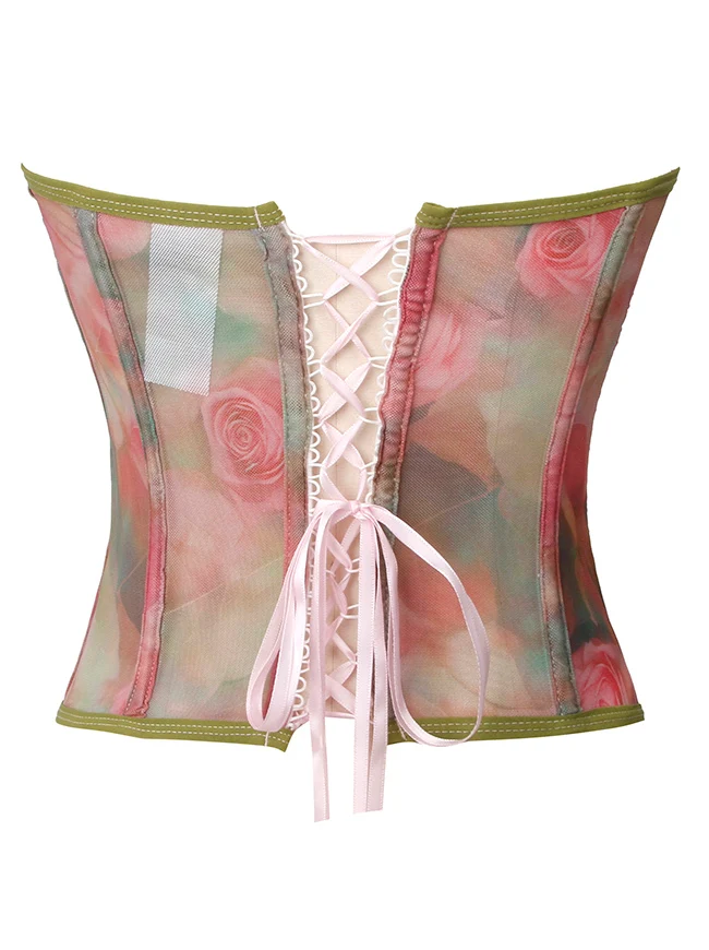 Vintage-Korsett-Top mit romantischem Blumenmuster, Mesh-Einsätzen, formgebend, mit Stäbchen verstärkt und Push-up-Effekt