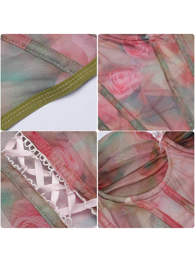 Vintage-Korsett-Top mit romantischem Blumenmuster, Mesh-Einsätzen, formgebend, mit Stäbchen verstärkt und Push-up-Effekt