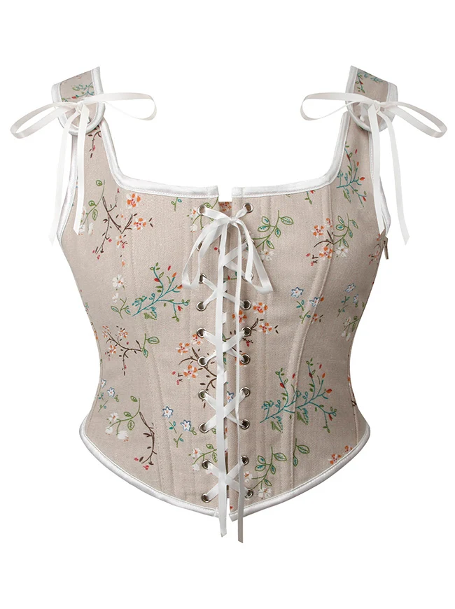 Vintage Blumenmuster Schnürung vorne zum Binden Überbrust Bustier Mieder Korsett Top