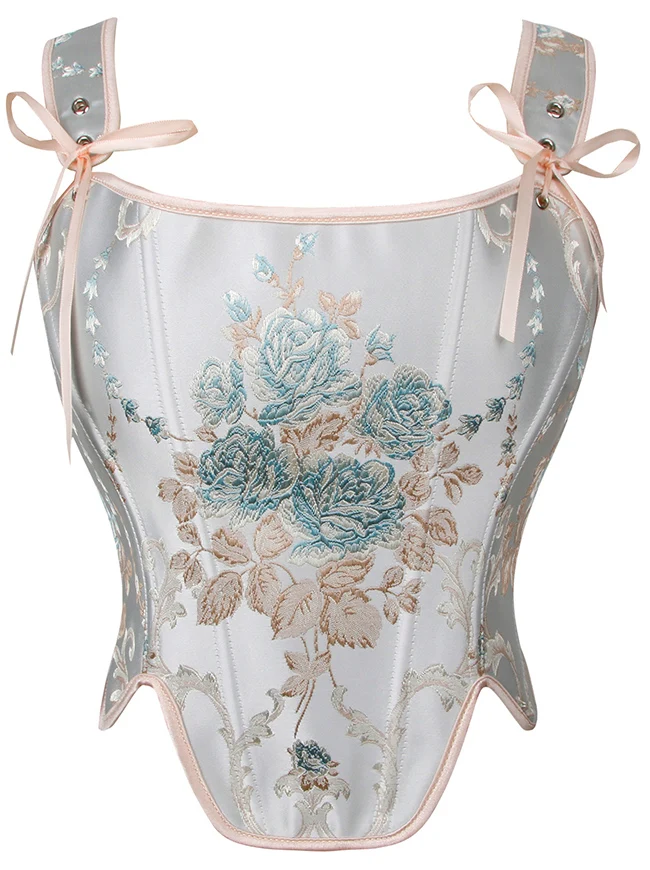 Charmian Damen Renaissance Vintage Blumenmuster Fischgrätenmuster Überbrust-Bustier Korsett-Top mit Schnürung