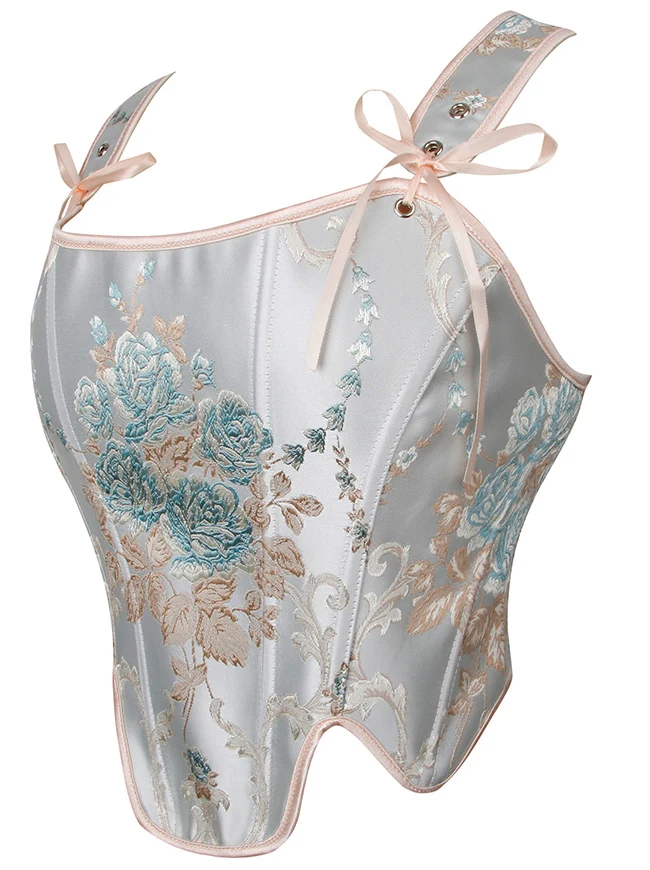 Charmian Damen Renaissance Vintage Blumenmuster Fischgrätenmuster Überbrust-Bustier Korsett-Top mit Schnürung