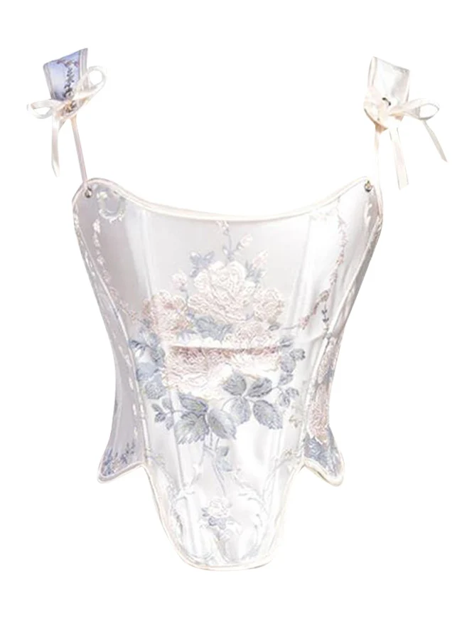 Charmian Damen Renaissance Vintage Blumenmuster Fischgrätenmuster Überbrust-Bustier Korsett-Top mit Schnürung