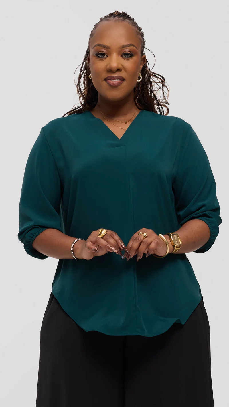 Vivo Dua 3/4 Sleeved V Neck Shirt in Crepe - Dark Green