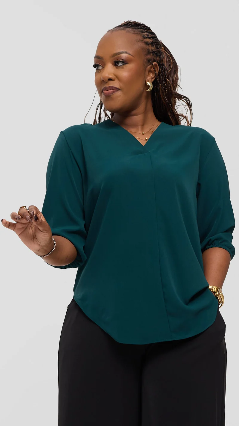 Vivo Dua 3/4 Sleeved V Neck Shirt in Crepe - Dark Green
