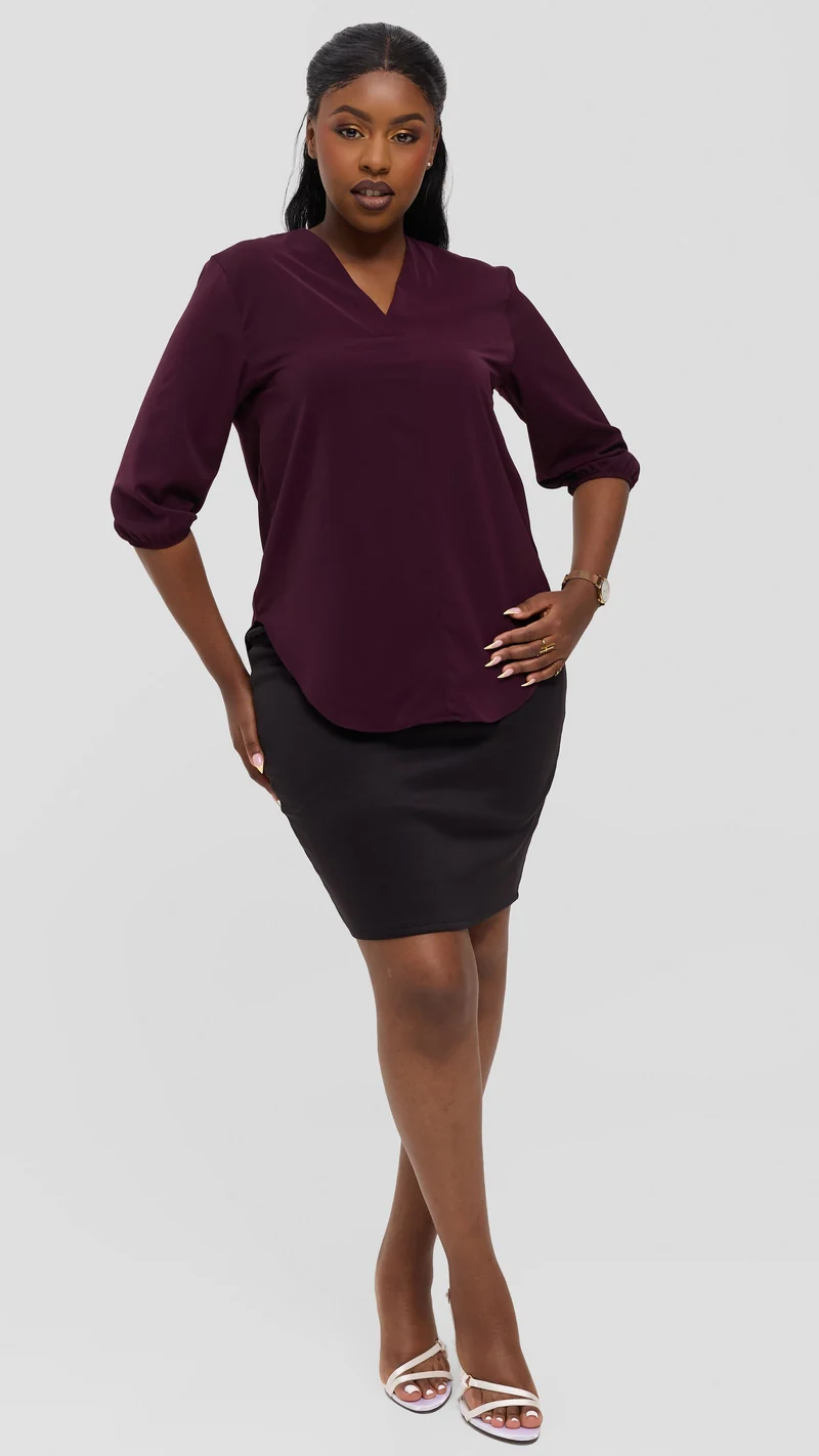 Vivo Dua 3/4 Sleeved V Neck Shirt in Crepe - Mulberry
