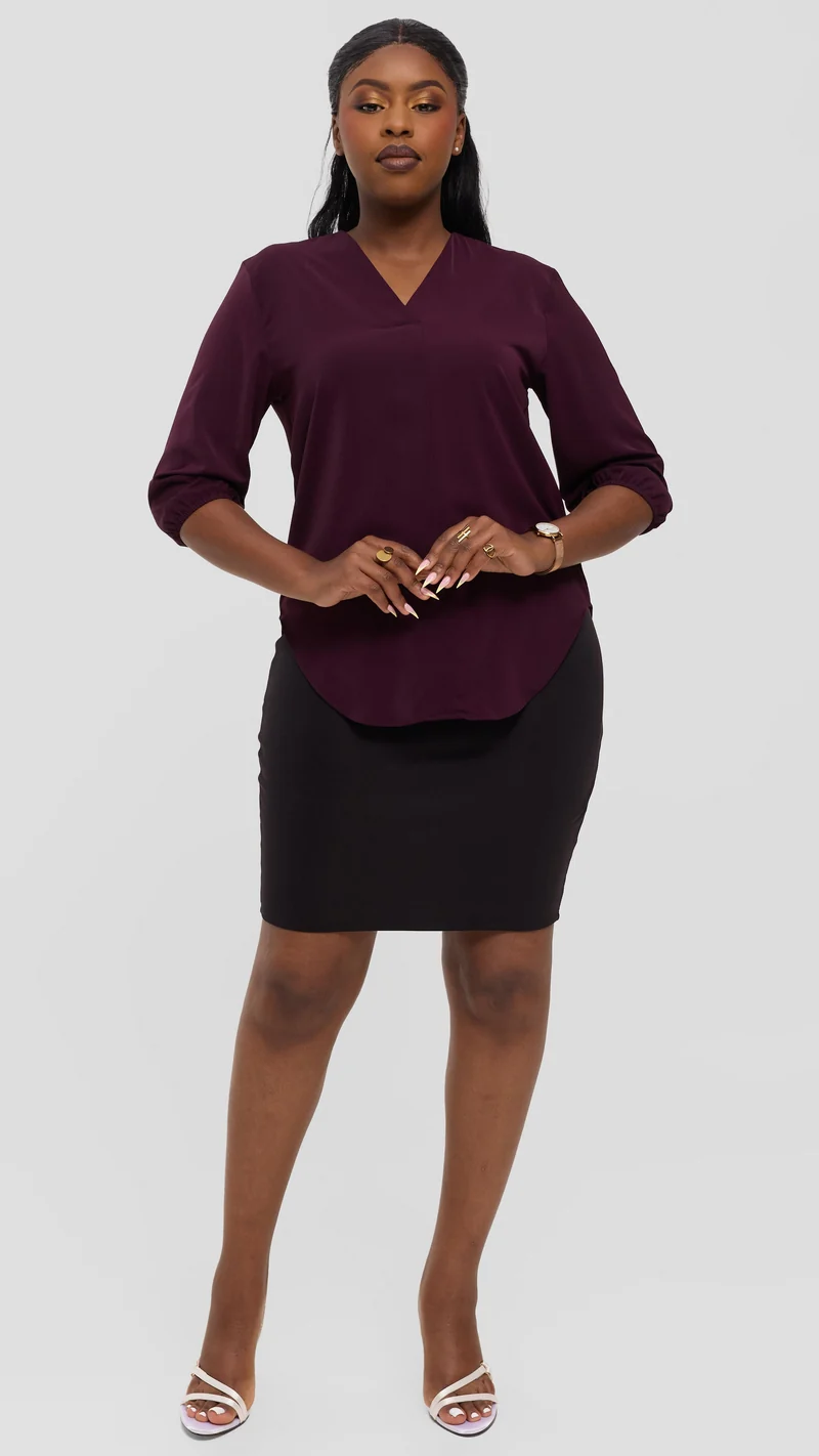Vivo Dua 3/4 Sleeved V Neck Shirt in Crepe - Mulberry